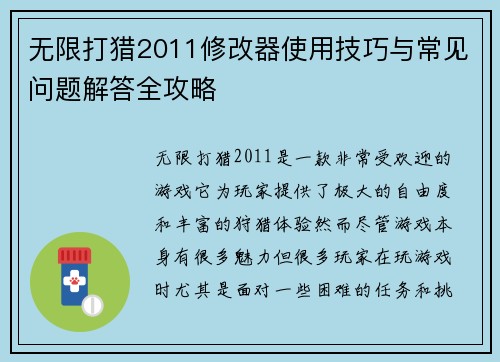 无限打猎2011修改器使用技巧与常见问题解答全攻略